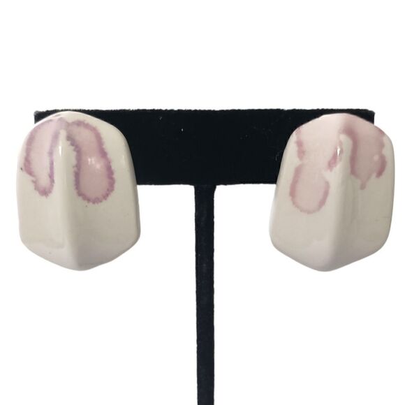 Vintage 80s Ceramic Earrings Geometric Retro Purple Lilac White Disco Pierced. - Picture 14 of 15